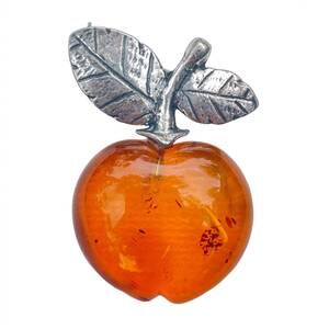 Vintage Sterling Silver Brooch Pin Amber Orange Apple